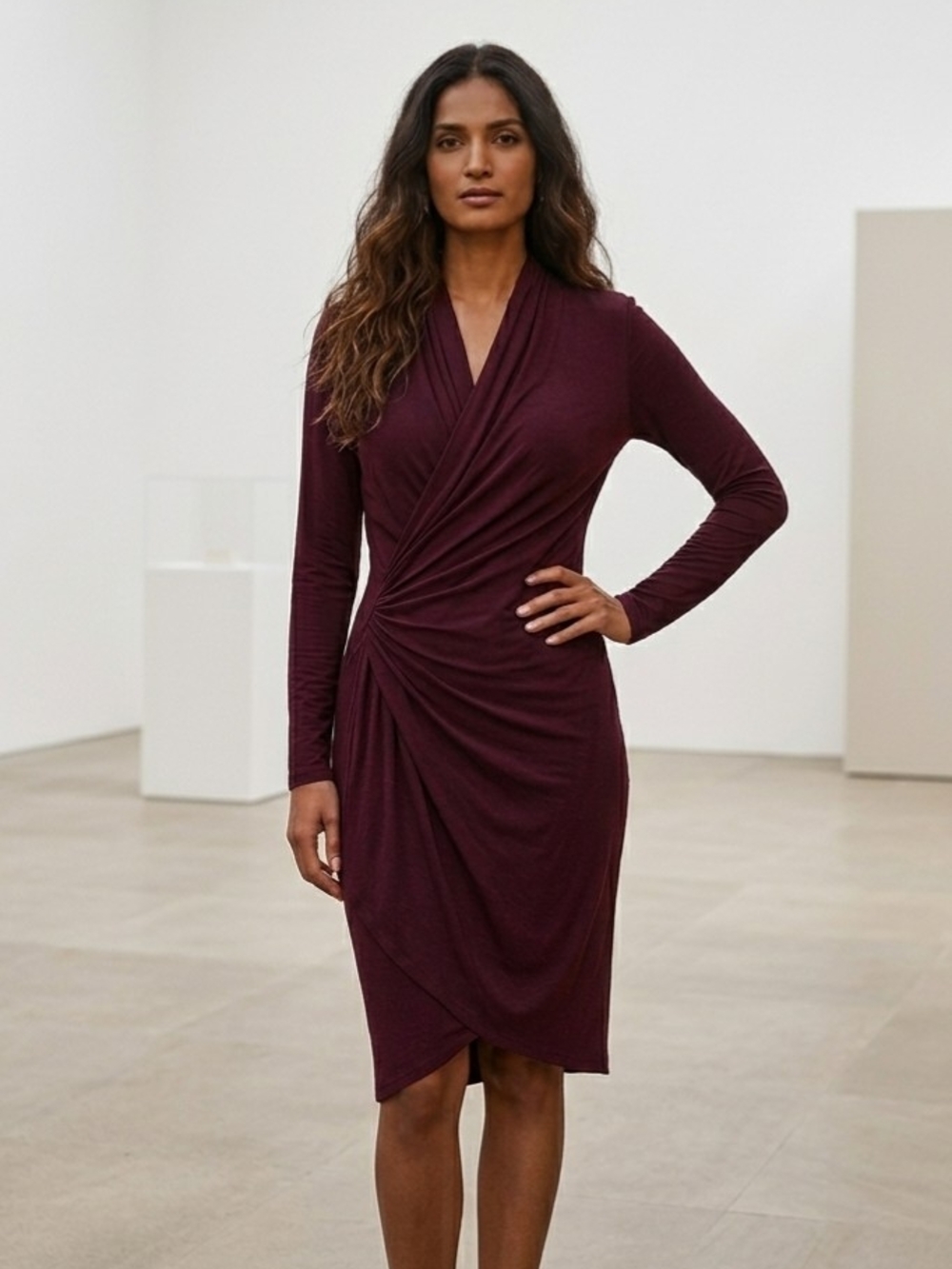 Women’s Twist-Front Long Sleeve Dress in Deep Plum